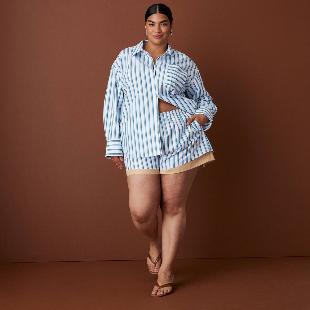 Rosie Assoulin Target L Large LS Oversized Poplin Button-Down Striped Shirt Blue - Picture 11 of 11